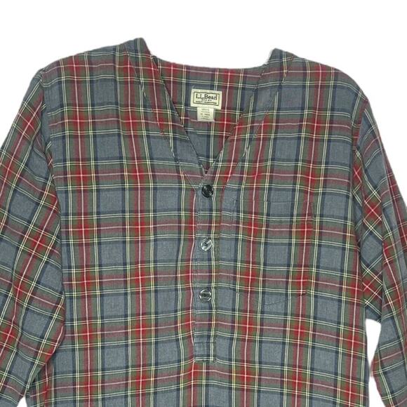 LL Bean Sleep Shirt Mens Medium Gray Red Scotch Plaid Flannel Campcore Vintage - Picture 3 of 7